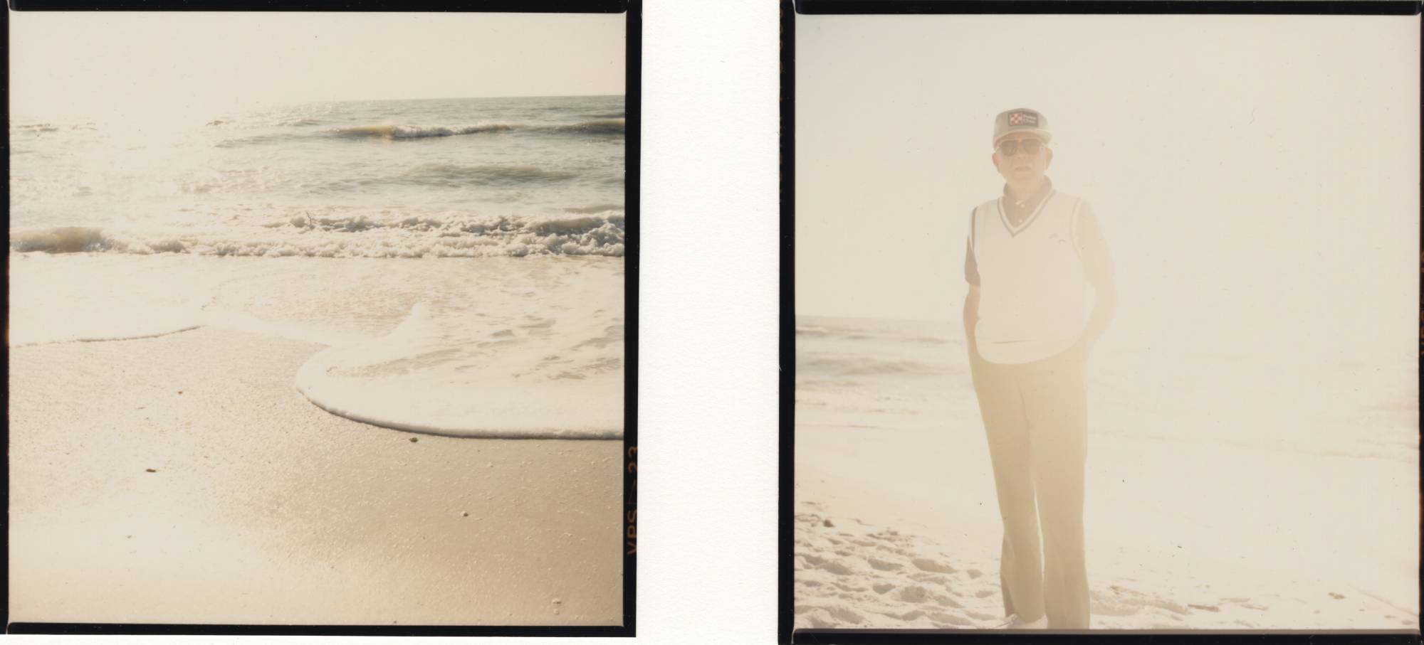 diptych of shoreline on the left and man standing in front of shoreline on the right